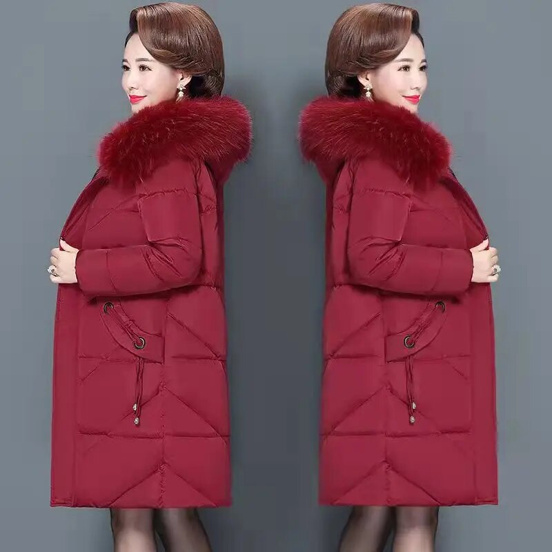 XL-7XL Down Cotton Clothes Jacket Mid-Length Women Big Fur Collar Solid Color Coat Abrigos Mujer Invierno Sobretudo Feminino