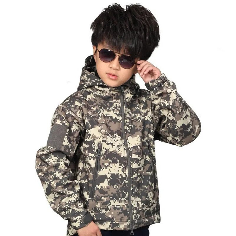 Autumn Winter Childrens Climbing Thick Warm Soft Shell Coat Boy Girl Outdoor Camp Riding Hiking Windproof Waterproof Camo Jacket
