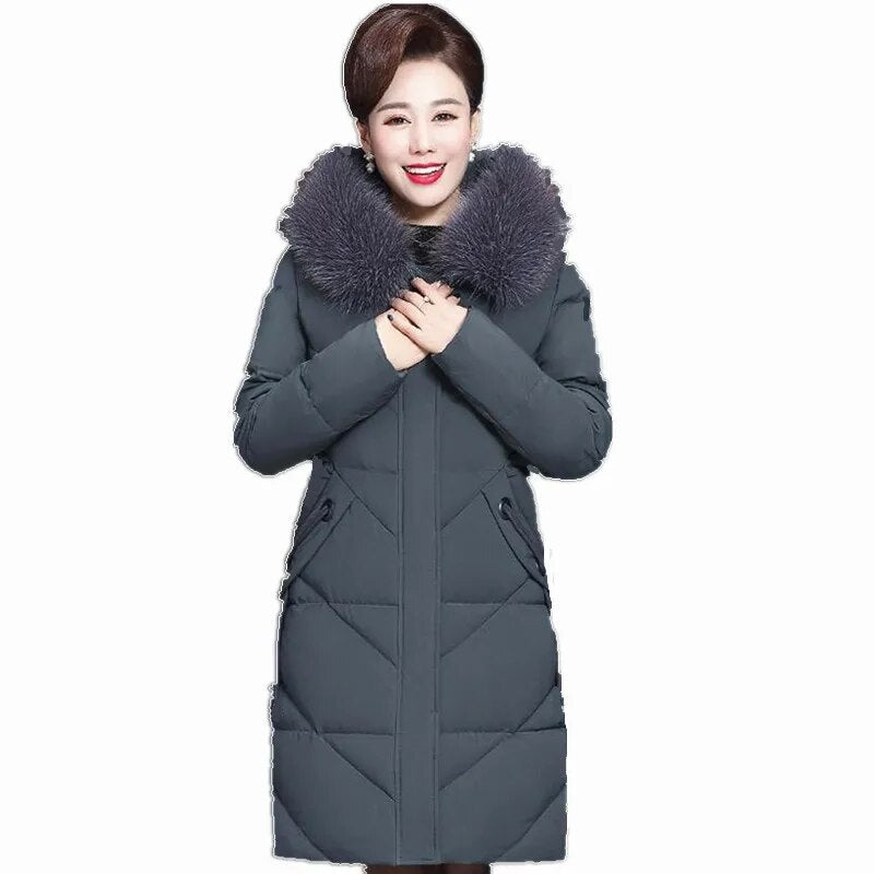 XL-7XL Down Cotton Clothes Jacket Mid-Length Women Big Fur Collar Solid Color Coat Abrigos Mujer Invierno Sobretudo Feminino