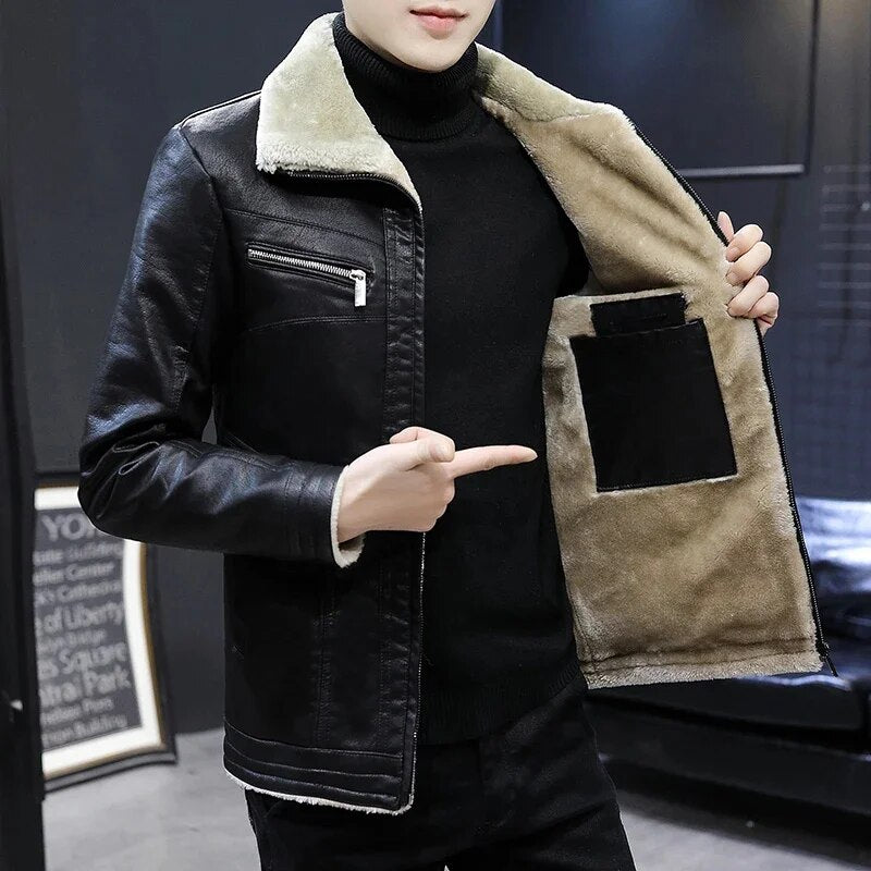 2023 Winter Men Jacket Solid Color Lining Velvet Business Lapel Medium Length Keep Warm Black Leather Windbreaker S-4XL