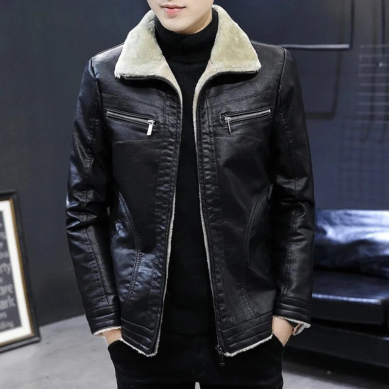 2023 Winter Men Jacket Solid Color Lining Velvet Business Lapel Medium Length Keep Warm Black Leather Windbreaker S-4XL