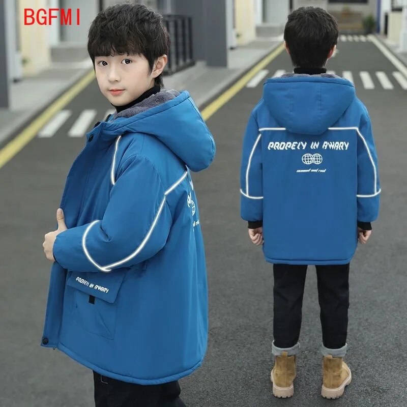 Winter Jacket Kids Boys Clothes for Teenagers Thicken Warm Parka Fashion Hooded Zipper Plus Velvet Outerwear Childhood Coats
