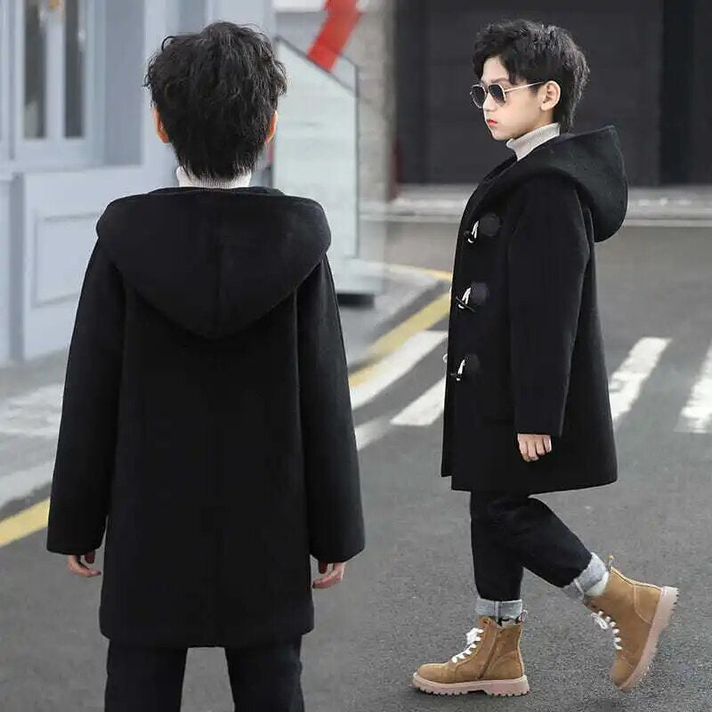 2023 Fashion Boys Cotton Wool Hoodid Coat Jacket Outerwear Thicken Plus Velvet Winter Autumn Childrens Clothing 5-14Years