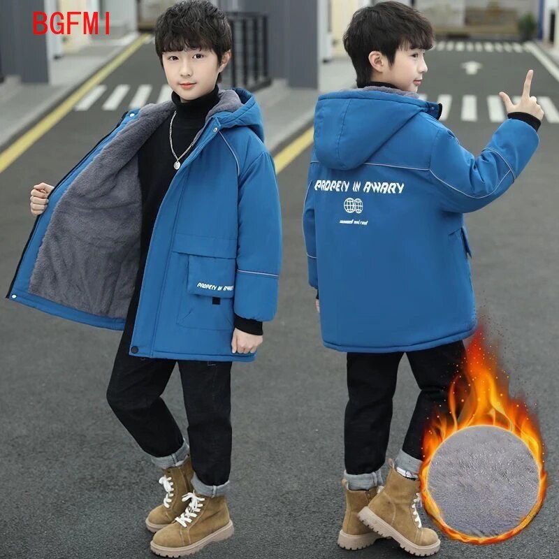 Winter Jacket Kids Boys Clothes for Teenagers Thicken Warm Parka Fashion Hooded Zipper Plus Velvet Outerwear Childhood Coats