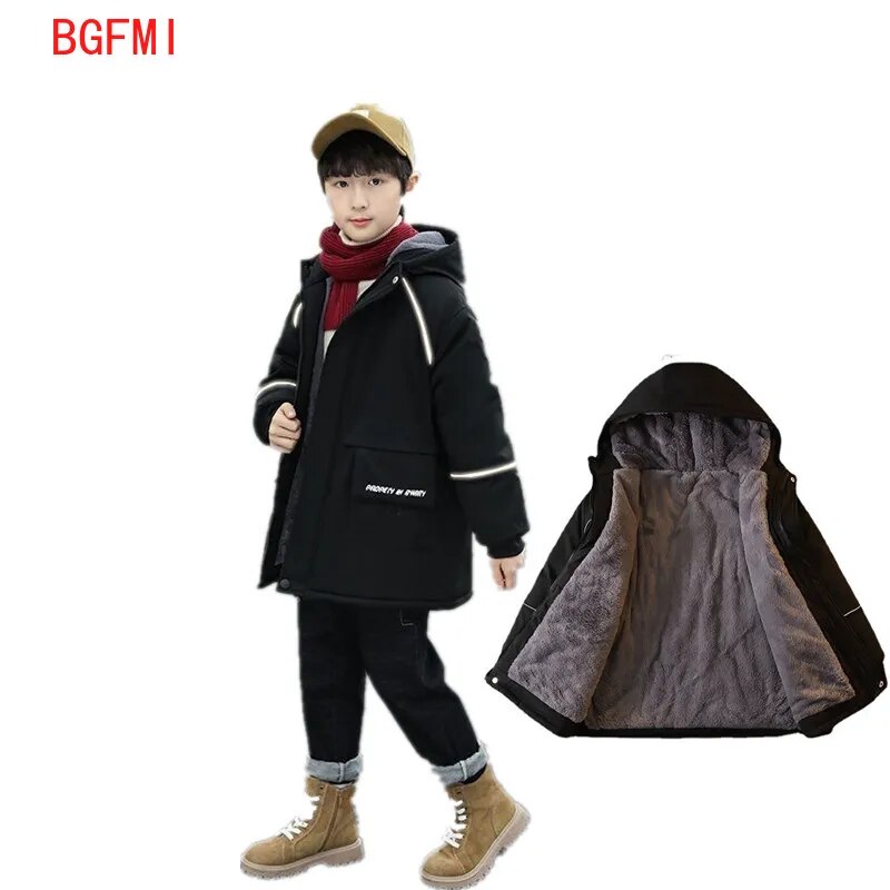 Winter Jacket Kids Boys Clothes for Teenagers Thicken Warm Parka Fashion Hooded Zipper Plus Velvet Outerwear Childhood Coats