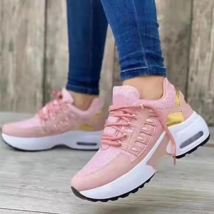 Women Lace Up Shock Absorption Breathable Mesh Sports Running Shoes Lightweight Knitted Jogger Tennis Trainer Shoes Sneakers