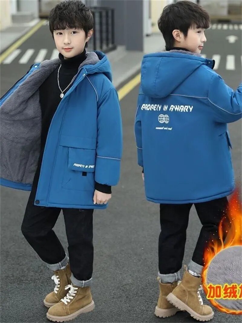 -30℃ Boys Plus Velvet Outerwear Kids Winter Thicken Warm Overcoat Children Casual Print Jacket 2023 New Teenager Clothing