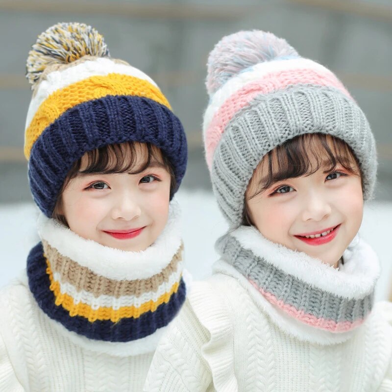 Winter Baby Children Cute Knitted Plush Scarf Hat Two-piece Double Fleece Warmth Boys Girls Soft Outdoor Windproof Hat Kids Hat