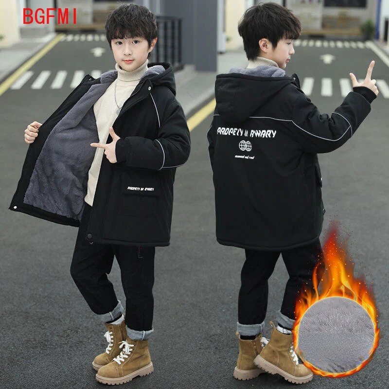 Winter Jacket Kids Boys Clothes for Teenagers Thicken Warm Parka Fashion Hooded Zipper Plus Velvet Outerwear Childhood Coats