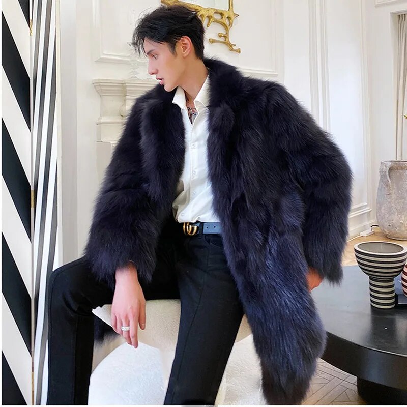 Men's Fur Coat Faux Fox Windbreaker Coat Winter Warm Thickened Mid Length Faux Fur Casual Top Male Jacket Plus Size S-6XL Coat