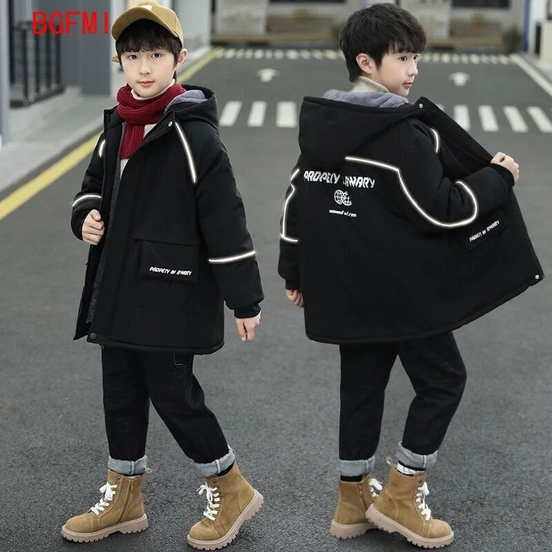 Winter Jacket Kids Boys Clothes for Teenagers Thicken Warm Parka Fashion Hooded Zipper Plus Velvet Outerwear Childhood Coats