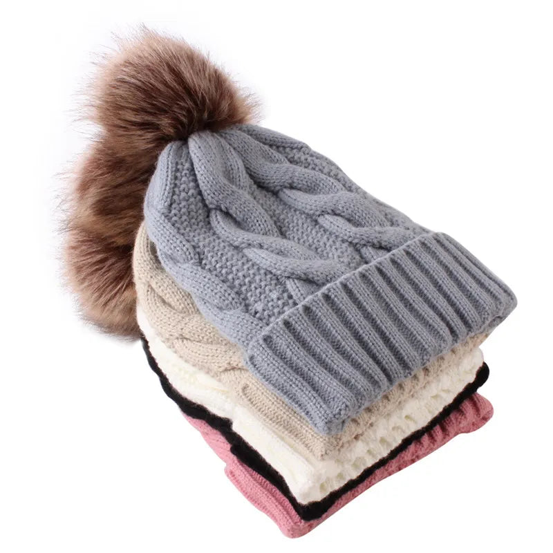 Autumn winter women's hat big hair ball plus velvet beanie caps outdoor warm knit hats solid satin bonnet gorros mujer invierno