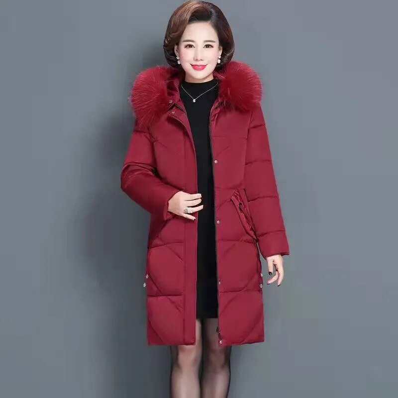 XL-7XL Down Cotton Clothes Jacket Mid-Length Women Big Fur Collar Solid Color Coat Abrigos Mujer Invierno Sobretudo Feminino