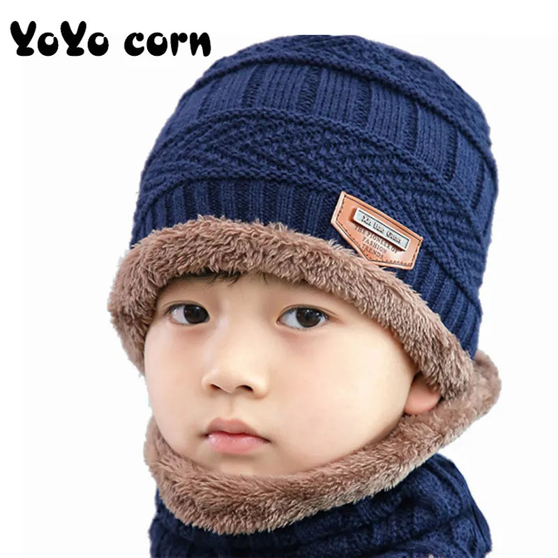 YOYOCORN velvet cap parent child 2pcs super warm Winter balaclava Beanies Knitted Hat and scarf for 3-13 years old girl boy hats