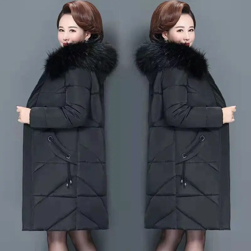 XL-7XL Down Cotton Clothes Jacket Mid-Length Women Big Fur Collar Solid Color Coat Abrigos Mujer Invierno Sobretudo Feminino