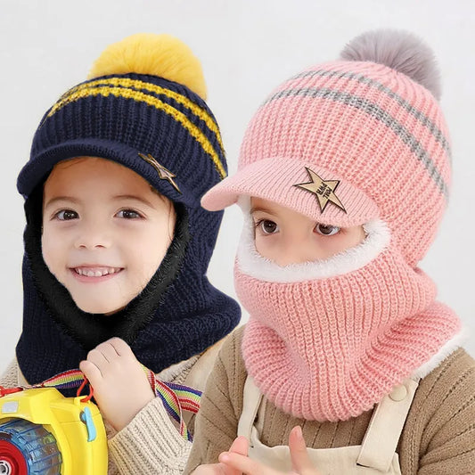 Winter Baby Children Cute Knitted Plush Scarf Hat Two-piece Double Fleece Warmth Boys Girls Soft Outdoor Windproof Hat Kids Hat