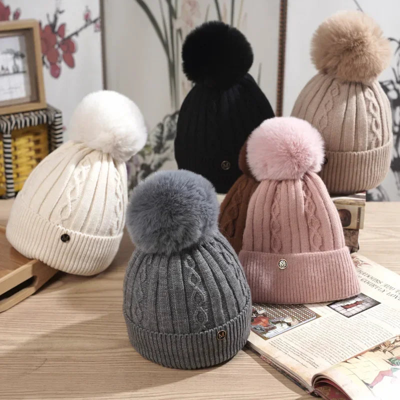 Winter Hats for Woman Thicker Beanies Chenille Ball Knitted Cap Girls Autumn Beanie Hats Fleece-lined Warmer Bonnet Casual Cap