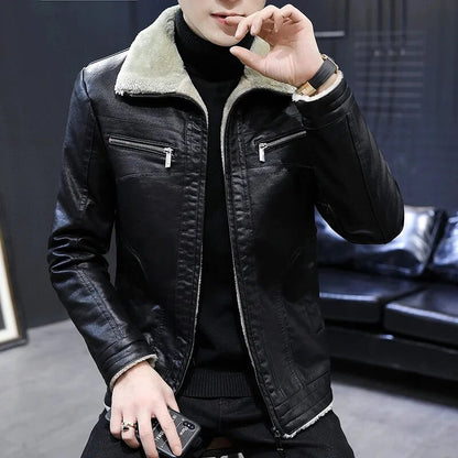 2023 Winter Men Jacket Solid Color Lining Velvet Business Lapel Medium Length Keep Warm Black Leather Windbreaker S-4XL