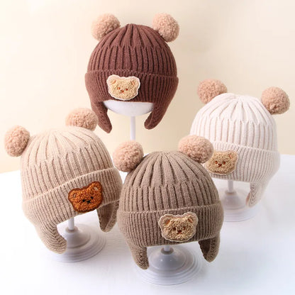 Winter Baby Beanie Cap Cartoon Bear Ear Protection Knitted Hat for Toddler Boys Girls Cute Korean Warm Kids Crochet Hats Gorros