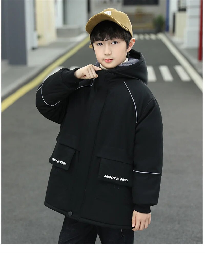 -30℃ Boys Plus Velvet Outerwear Kids Winter Thicken Warm Overcoat Children Casual Print Jacket 2023 New Teenager Clothing