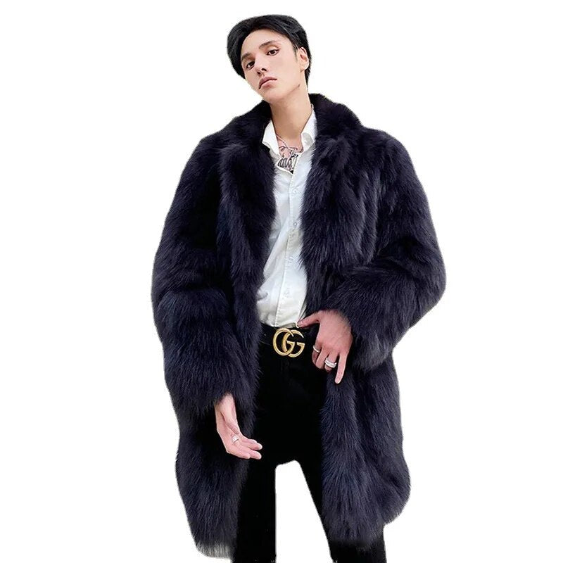 Men's Fur Coat Faux Fox Windbreaker Coat Winter Warm Thickened Mid Length Faux Fur Casual Top Male Jacket Plus Size S-6XL Coat