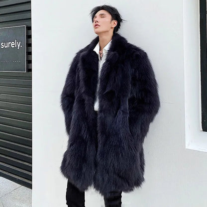 Men's Fur Coat Faux Fox Windbreaker Coat Winter Warm Thickened Mid Length Faux Fur Casual Top Male Jacket Plus Size S-6XL Coat