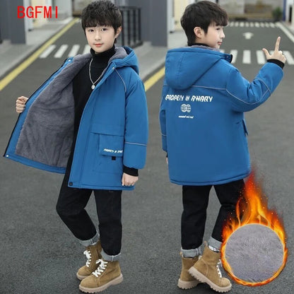 Winter Jacket Kids Boys Clothes for Teenagers Thicken Warm Parka Fashion Hooded Zipper Plus Velvet  Outerwear Childhood Coats
