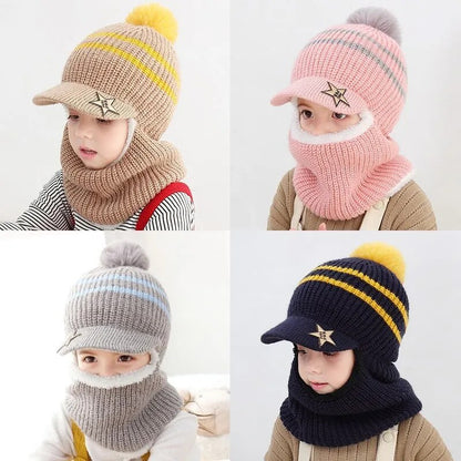 Winter Baby Children Cute Knitted Plush Scarf Hat Two-piece Double Fleece Warmth Boys Girls Soft Outdoor Windproof Hat Kids Hat