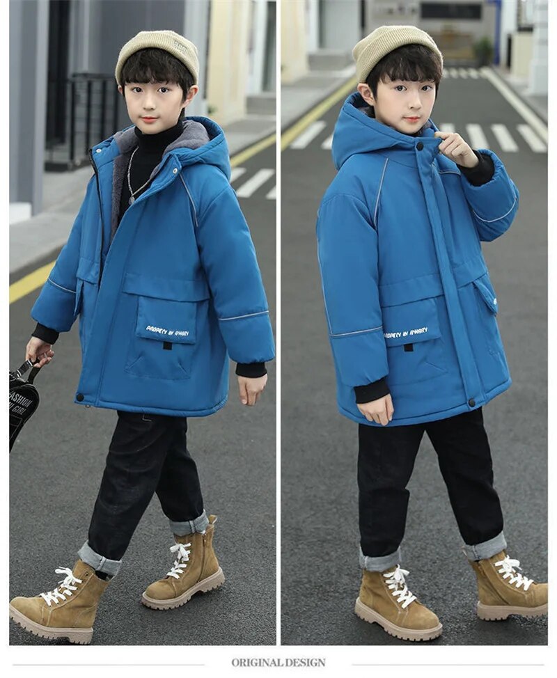 -30℃ Boys Plus Velvet Outerwear Kids Winter Thicken Warm Overcoat Children Casual Print Jacket 2023 New Teenager Clothing