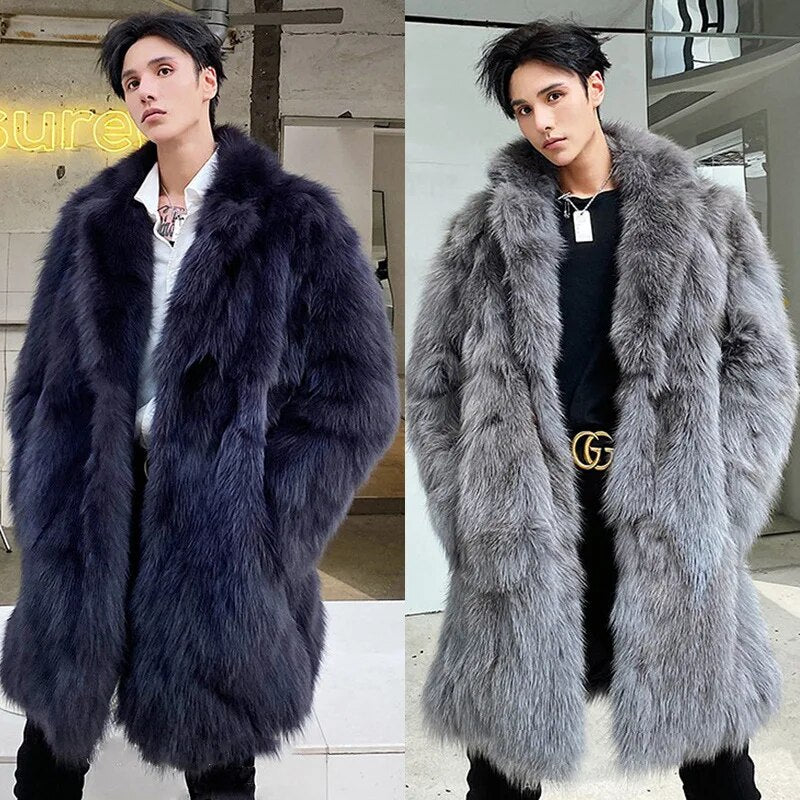 Men's Fur Coat Faux Fox Windbreaker Coat Winter Warm Thickened Mid Length Faux Fur Casual Top Male Jacket Plus Size S-6XL Coat